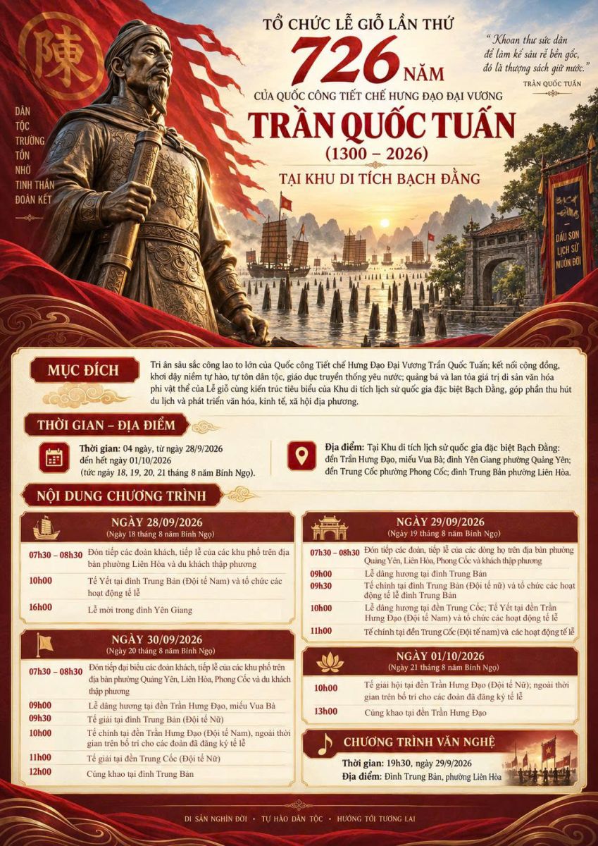 Lễ giỗ lần thứ 726 (1300 – 2026) Quốc công tiết chế Hưng Đạo Đại Vương Trần Quốc Tuấn
