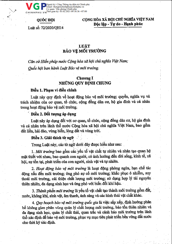 Luật số 72/2020/QH14 của Quốc hội: Luật Bảo vệ môi trường