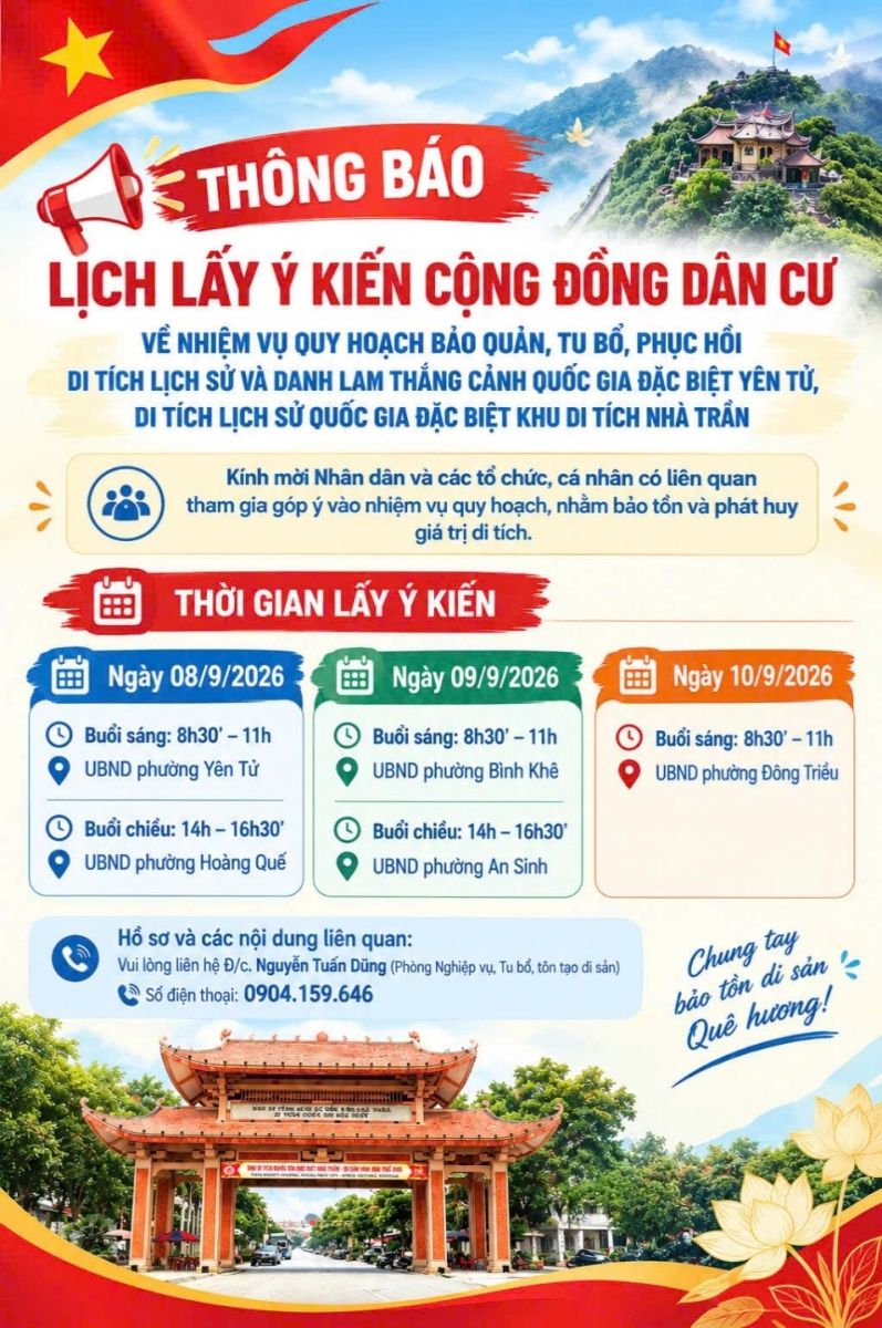 Thông báo lịch lấy ý kiến cộng đồng dân cư về nhiệm vụ Quy hoạch bảo tồn, tu bổ, phục hồi Di tích lịch sử và danh lam thắng cảnh Quốc gia đặc biệt Yên Tử, Di tích lịch sử Quốc gia đặc biệt Khu di tích nhà Trần